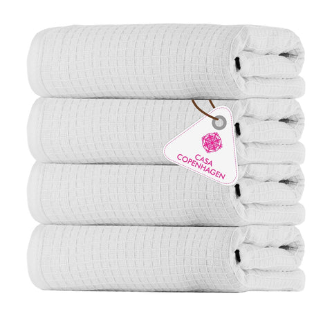 CASA COPENHAGEN Waffle 4-piece bath towel set – White, 70x140 cm, Egyptian cotton, designed in Denmark, for bathroom, kitchen & shower