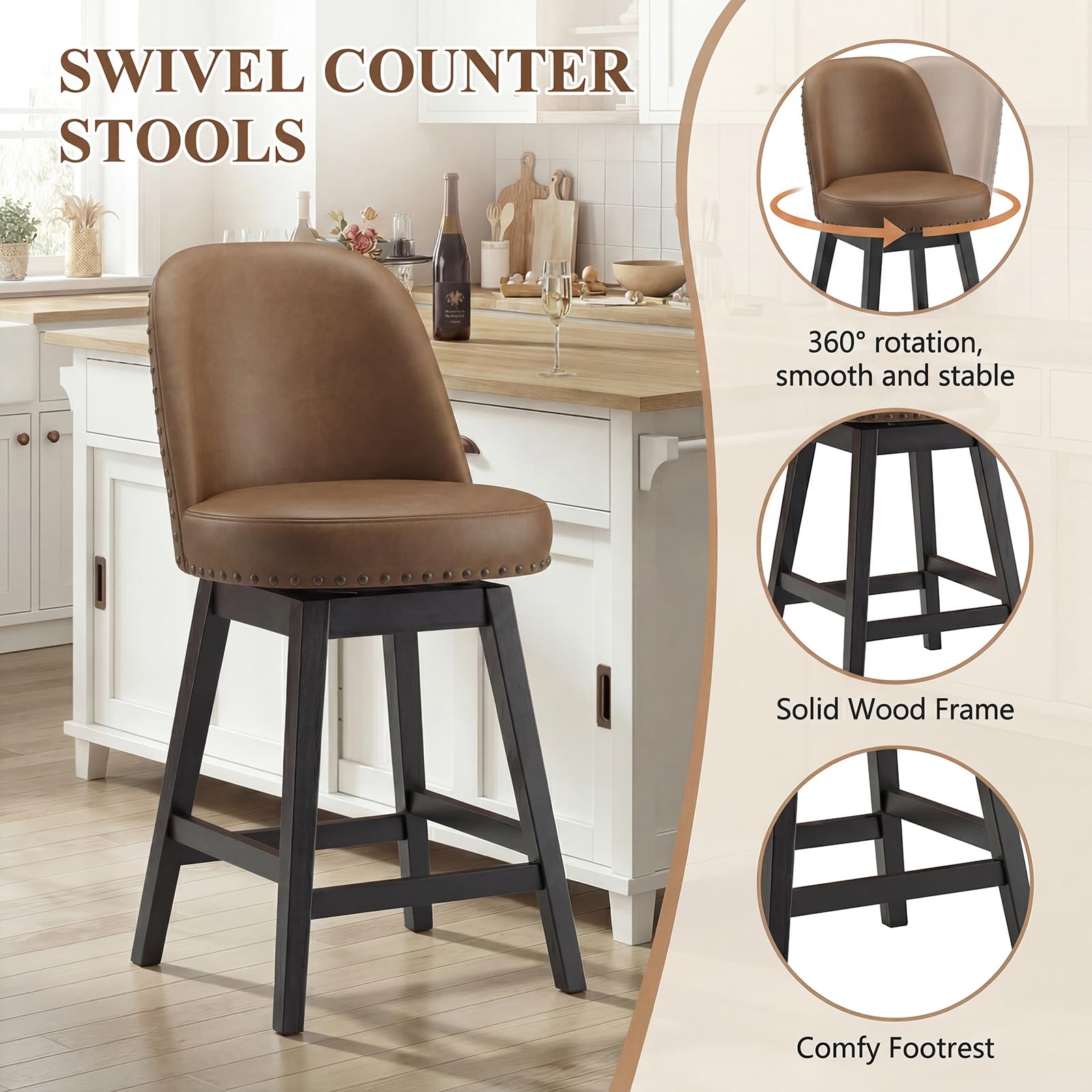 Bar Stools Set of 6, 360° Swivel Counter Stools with Upholstered Seat, Wooden Frame & Nailhead Trim