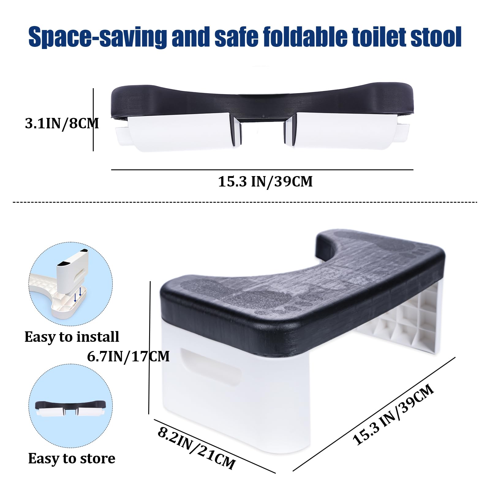 Folding Squatting Toilet Stool | 7 Inch Non-Slip Bathroom Step Stool | Anti Constipation Natural & Comfortable Squat Aid Stool (Black)