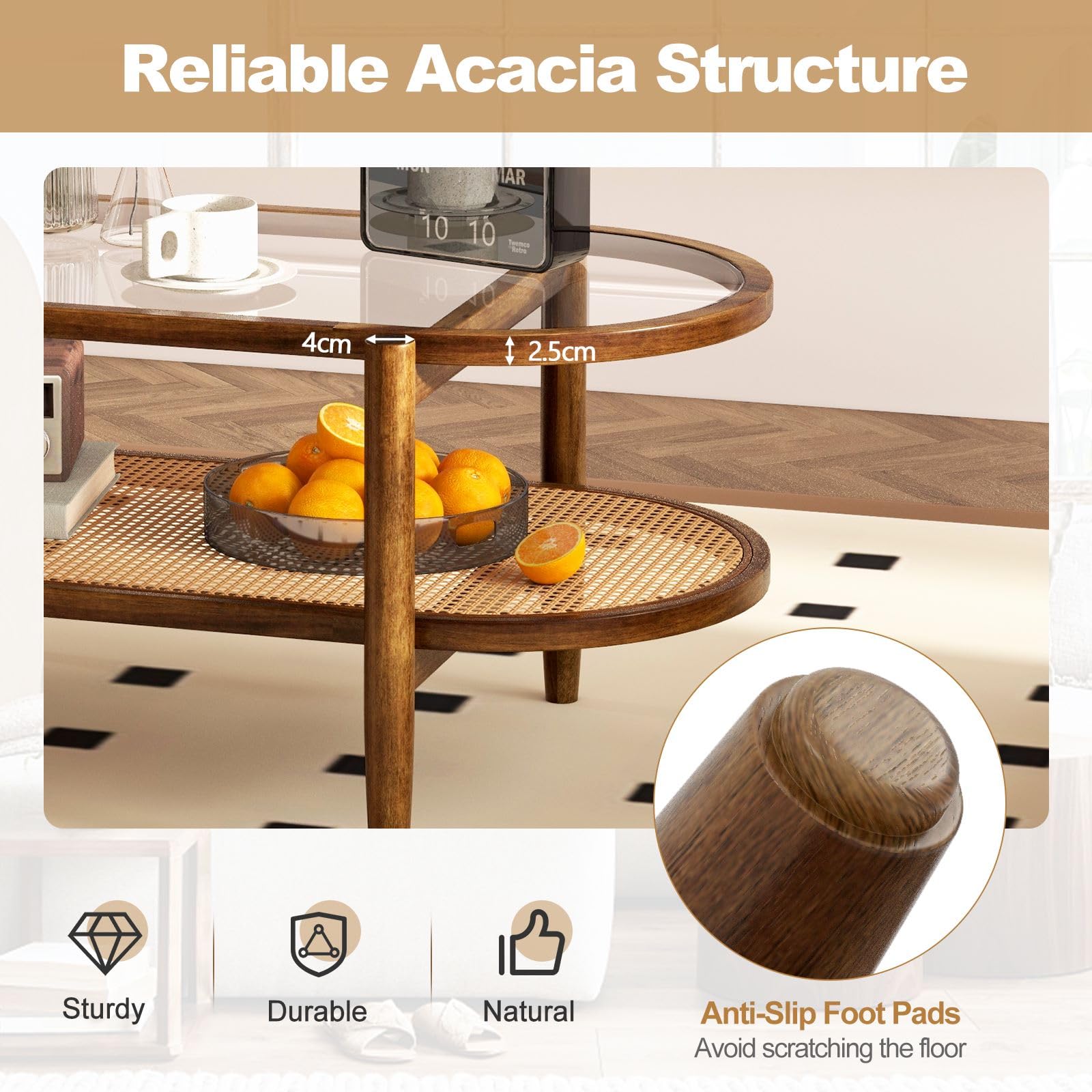 CASART Coffee Table, 2-Tier Tempered Glass Tea Table with Acacia Wood Frame & Rattan Storage Shelf