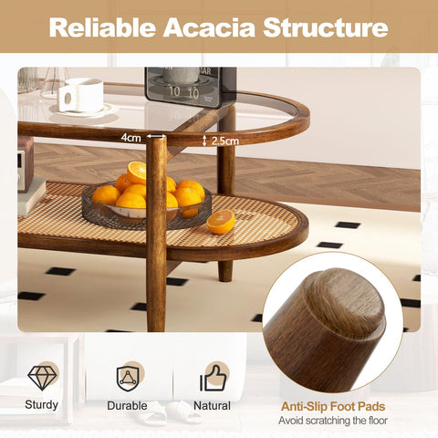 CASART Coffee Table, 2-Tier Tempered Glass Tea Table with Acacia Wood Frame & Rattan Storage Shelf
