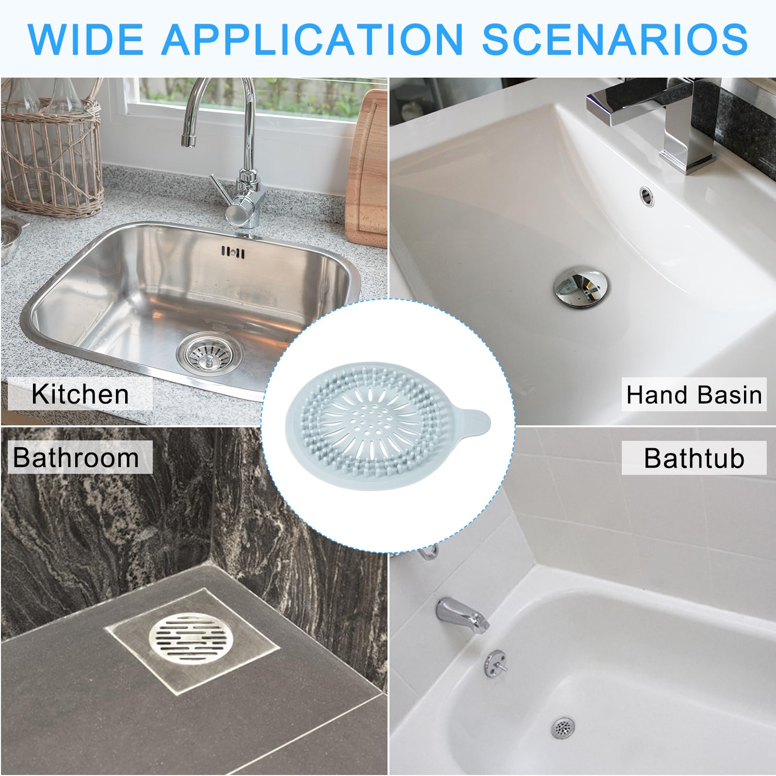 sourcing map Hair Drain Catcher, 5.51inch Round Tub Drain Covers Drain Protector with Handle Suction Cup for Kitchen Bathroom Balcony, Light Blue 2Pcs