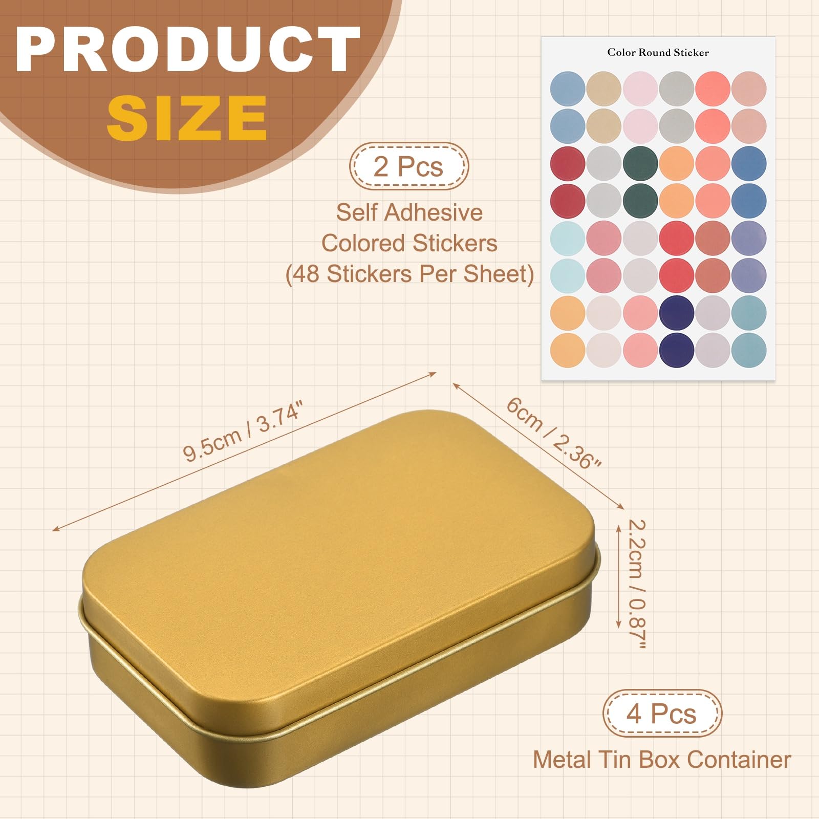 sourcing map 4Pcs Metal Tin Box Container, 3.7x2.4x0.9 Rectangular Empty Box with Self Adhesive Colored Stickers