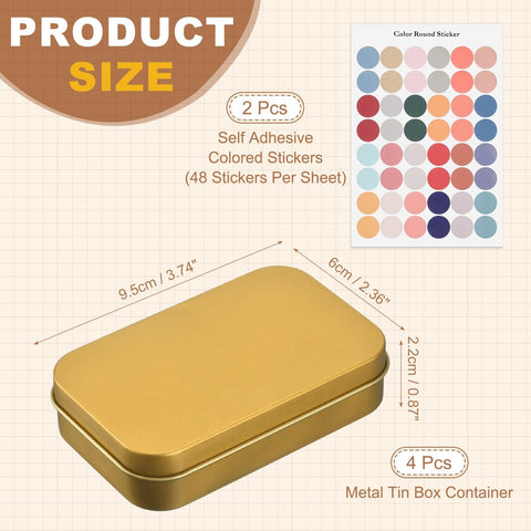 sourcing map 4Pcs Metal Tin Box Container, 3.7x2.4x0.9 Rectangular Empty Box with Self Adhesive Colored Stickers