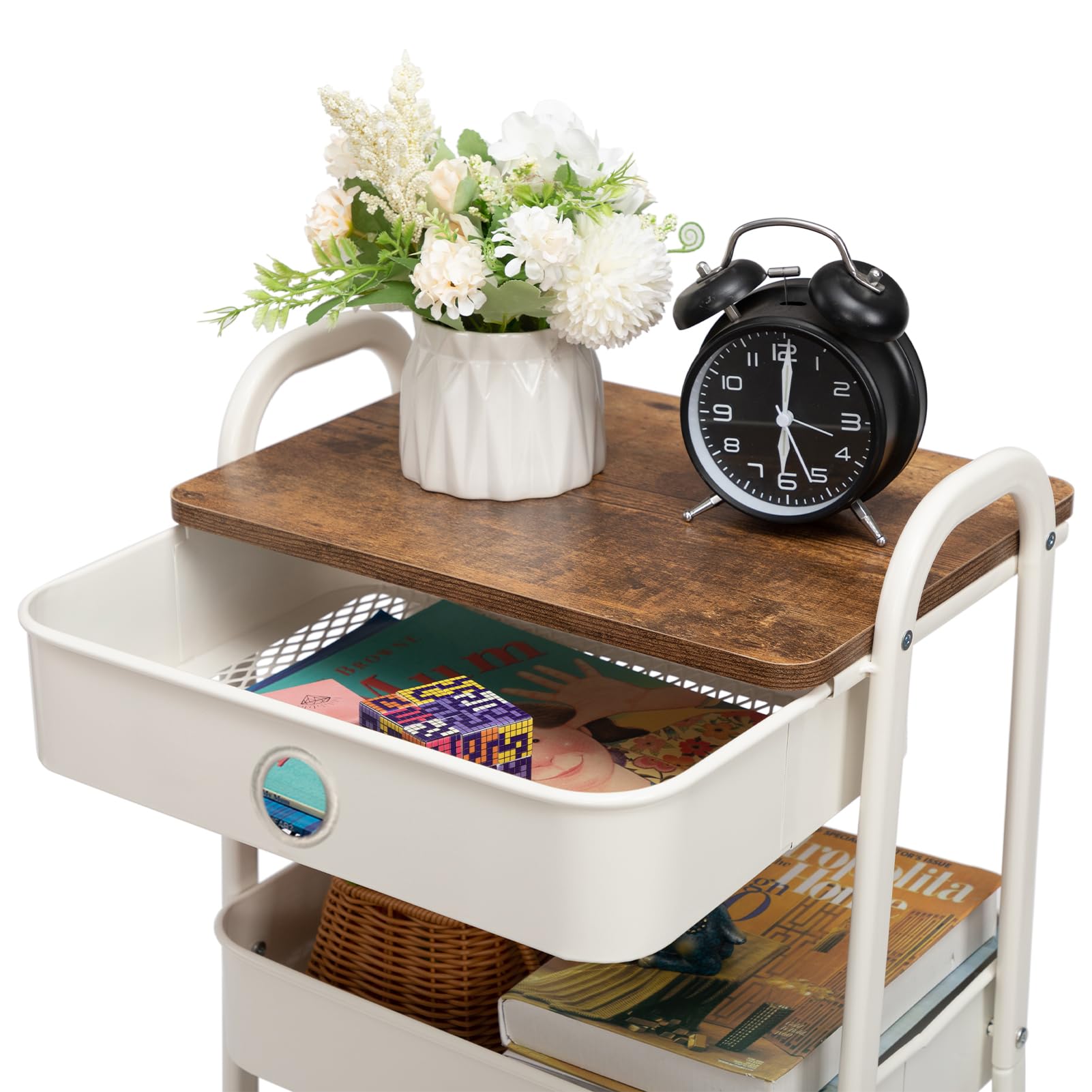 DOEWORKS Storage Trolley on Wheels Metal 3-Tier Rolling Trolley with Drawer