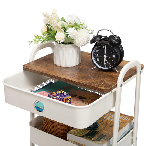 DOEWORKS Storage Trolley on Wheels Metal 3-Tier Rolling Trolley with Drawer