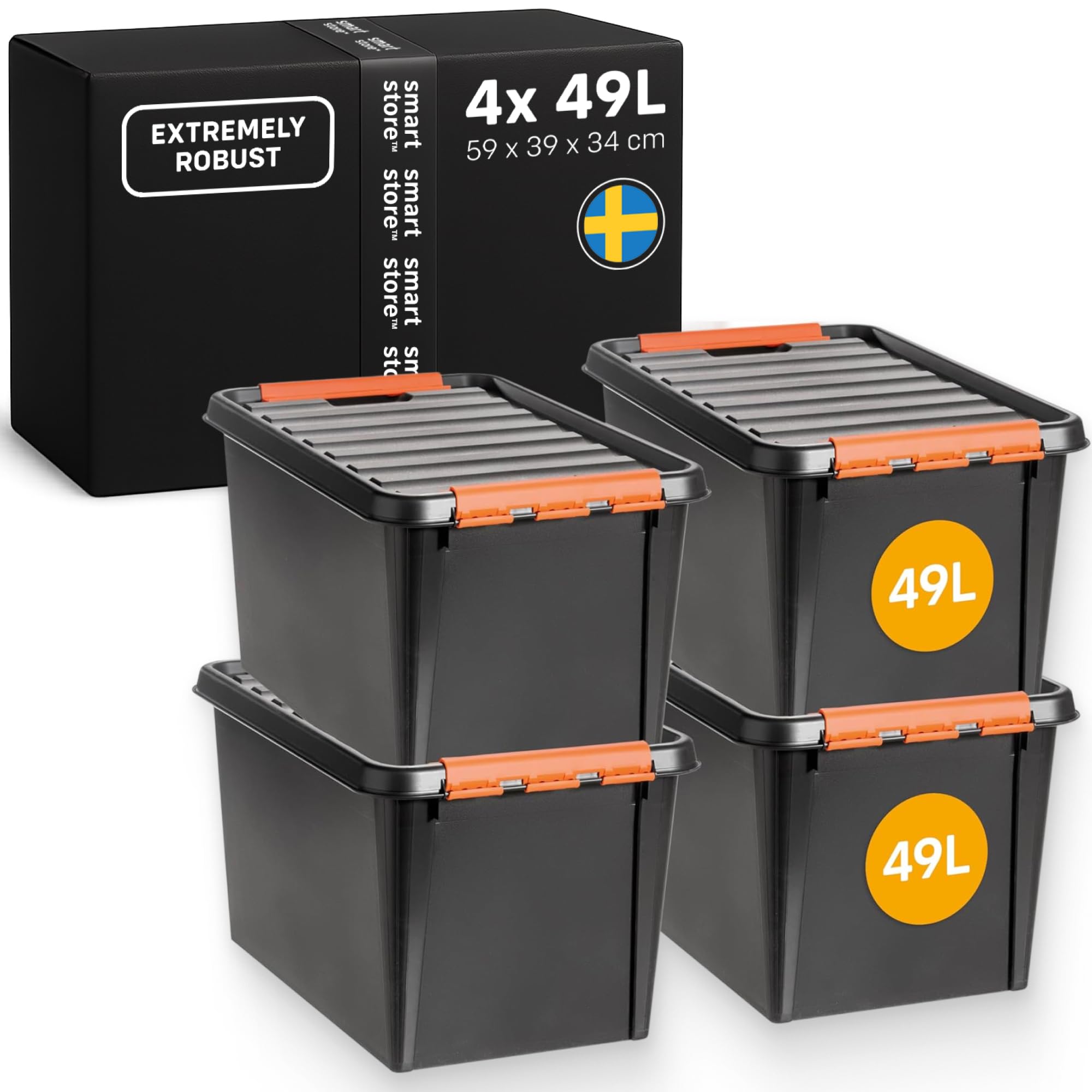 SmartStore extra-durable plastic storage boxes with lids | 49 L | 4-pack | Stackable bins with clip locks for tools, garage, or moving | BPA-free