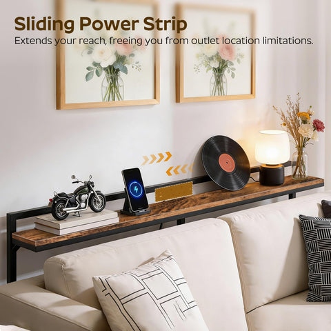 YATINEY 200 cm Slim Console Table with Adjustable Height (70 cm-90 cm), Behind Sofa Table Skinny with Outlet, Long Entryway Table