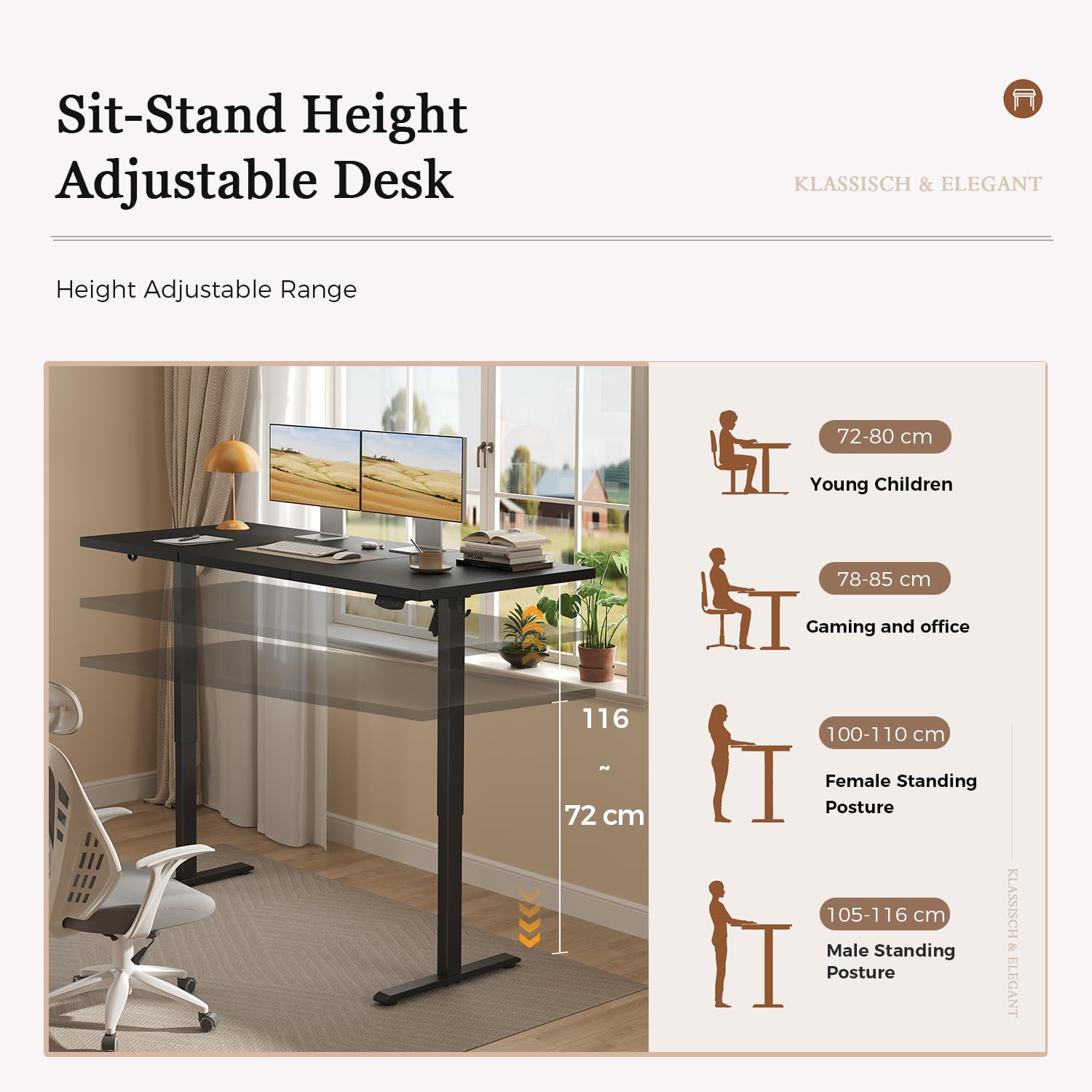 Klicelor Electric Standing Desk, 2 Memory Buttons for stand & sit, 140x60