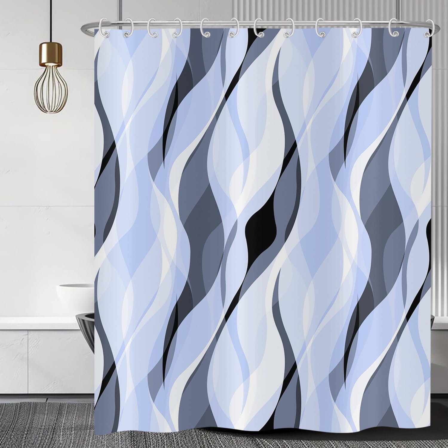 Hnmdmyi Light Blue Shower Curtain 120x180, Modern Abstract Blue and Grey Striped Bathroom Curtains with Hooks Waterproof Polyester Fabric Washable