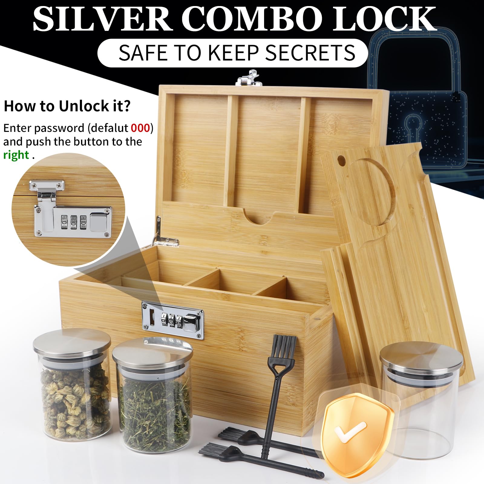 TISEMENT Large Bamboo Box with Combination Lock, Decorative Storage Box with Detachable Compartment