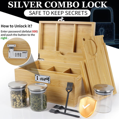 TISEMENT Large Bamboo Box with Combination Lock, Decorative Storage Box with Detachable Compartment