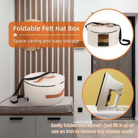 Ohiyoo Travel Hat Boxes with Lid - 16'' x 8'' Round Hat Boxes for Women & Men, Foldable Stuffed Animal Toy Storage Bin (White)