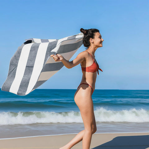 Ouxiaobai Cotton Oversized Beach Towel - 35 x 70 Inch Large Size Pool Towel, Striped Soft Cabana Swim Towel (Grey)