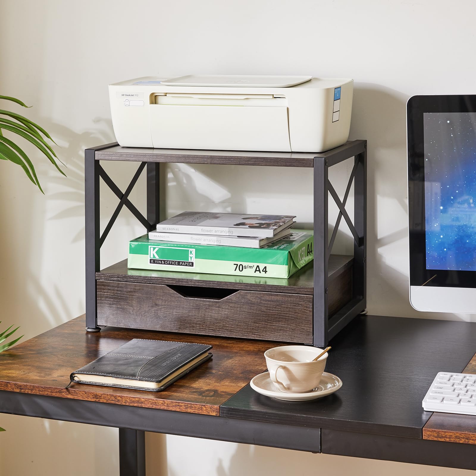 IBUYKE 2 Tier Desktop Printer Stand,Multi-Purpose Desk Organizer,Wooden Printer Stand with Drawer Storage for Folders,Books,for Fax Machine