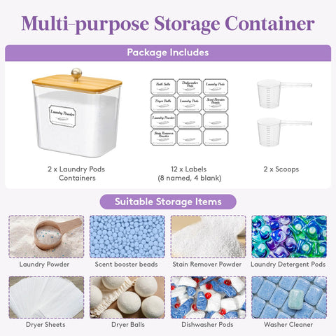 Lifewit Laundry Pods Container with Label Sticker& Scoop, 2L, 2 Pcs