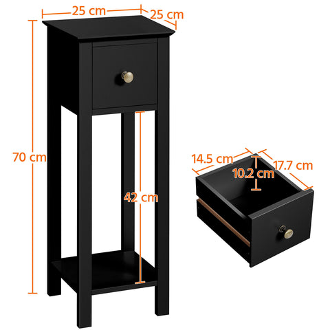 Yaheetech Set of 2 Tall Slim Bedside Tables with Drawer and Shelf, Black