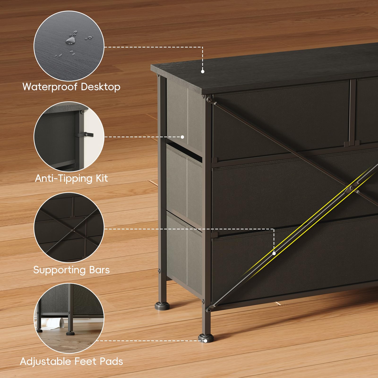 VERMESS Bedroom Dresser & Chests of Drawers with 10 Fabric Drawers, TV Stand Cabinet Unit for 65", 70" TV, Dresser Storage Organizer