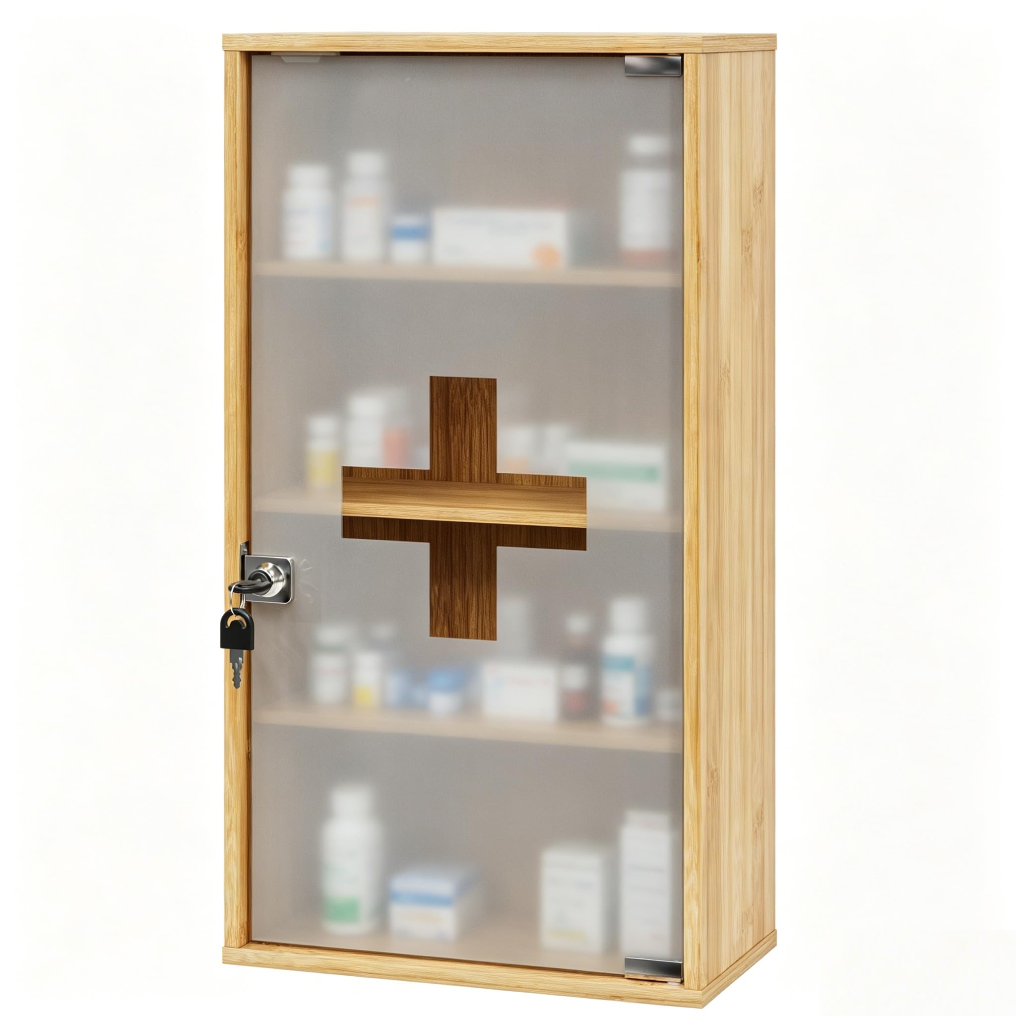 HEYZOEY Bamboo Medicine Cabinet with Lock, Wall Mounted Bathroom Storage Cabinet, Wooden Medicine Organiser for First Aid & Medicine Storage