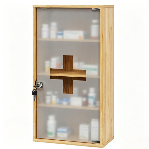 HEYZOEY Bamboo Medicine Cabinet with Lock, Wall Mounted Bathroom Storage Cabinet, Wooden Medicine Organiser for First Aid & Medicine Storage