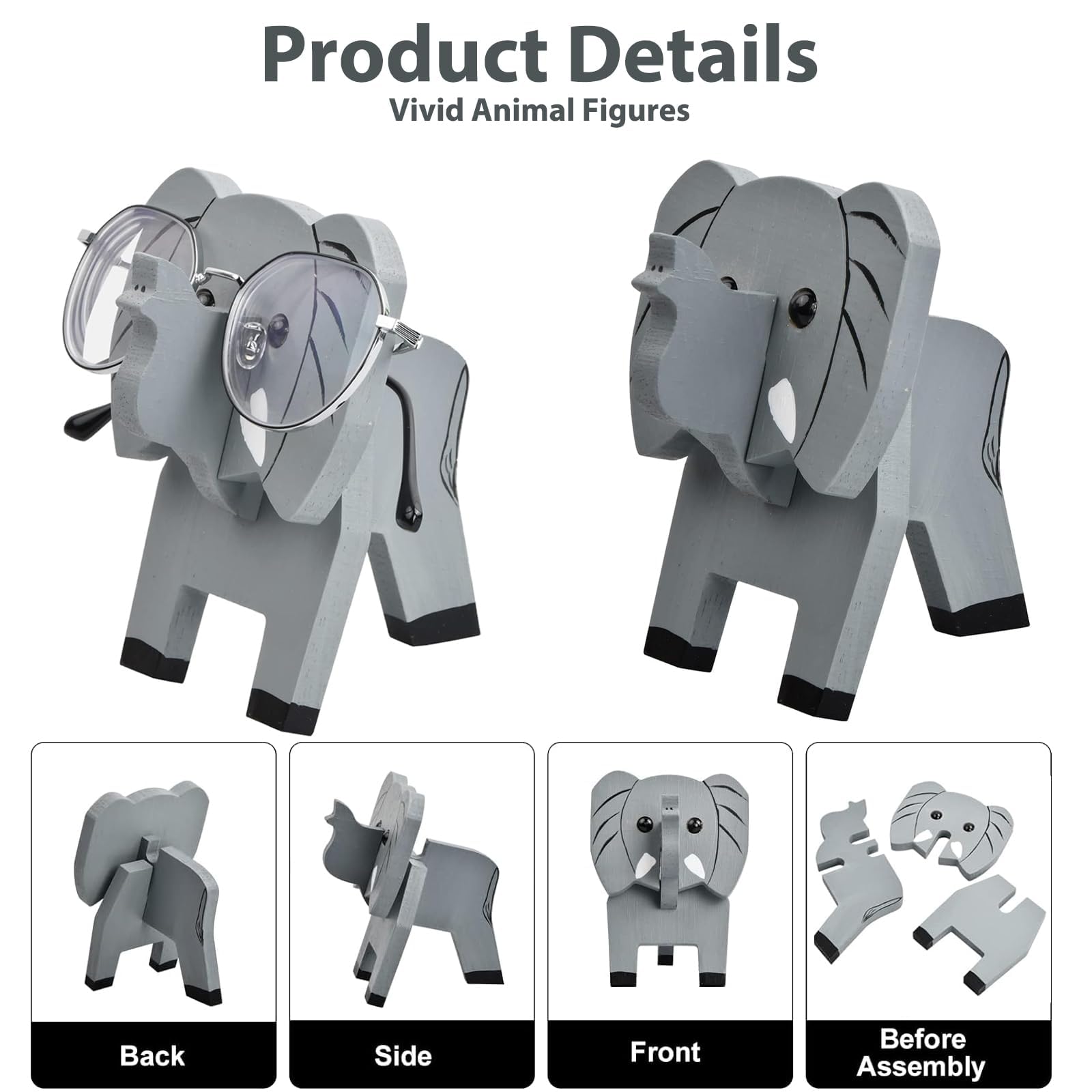 BRIOTA Elephant Shaped Glasses Holder, Animals Glasses Stand, 3D Puzzle Eye Glasses Holder Stand, Wooden Spectacle Holder