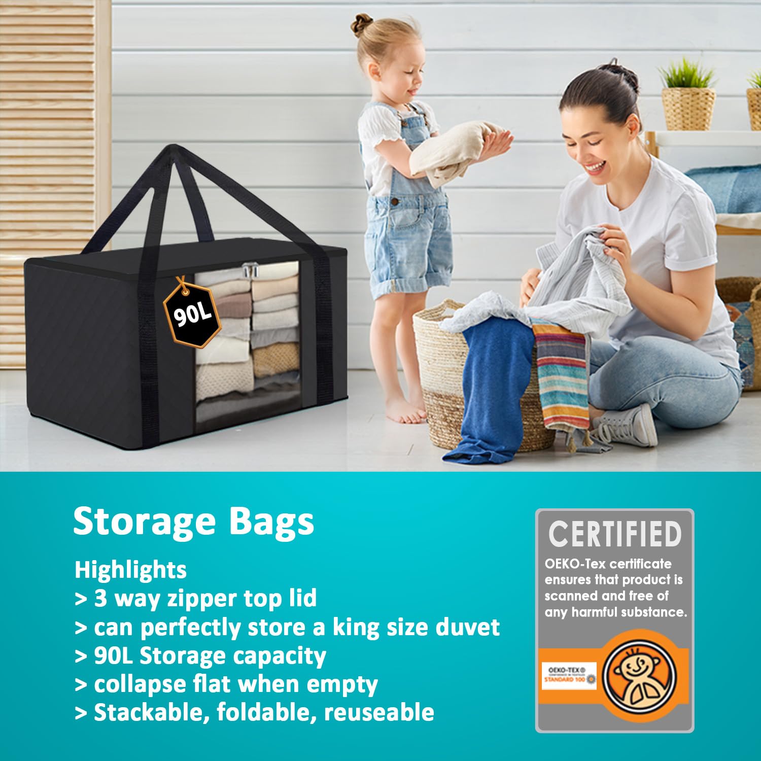 Joybees Clothes Storage Bags with Lids, 3-Pack, 90L Large Foldable Boxes with Zipper & Clear Window, Thick Scratch-Resistant Material
