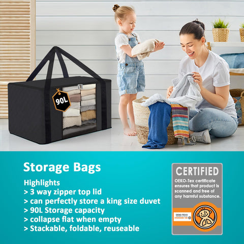 Joybees Clothes Storage Bags with Lids, 3-Pack, 90L Large Foldable Boxes with Zipper & Clear Window, Thick Scratch-Resistant Material