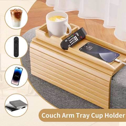 Sofa Arm Tray, cupeohome Foldable Anti-Slip Wooden Couch Armrest Tray with Side Storage Pocket and Phone Holder, Square Sofa Armrest Table for Drinks