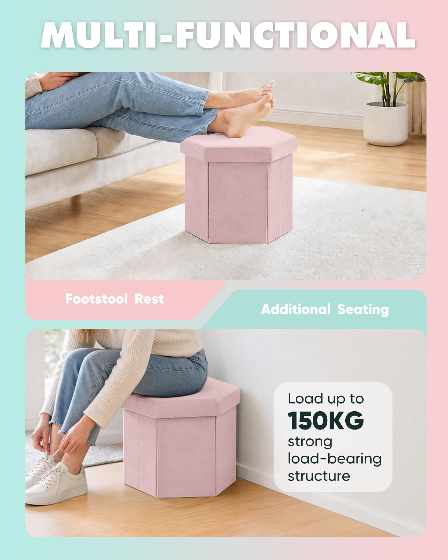 Bonlife Folding Storage Ottoman Hexagonal, Footrest with Toy Ches Box, 43cm