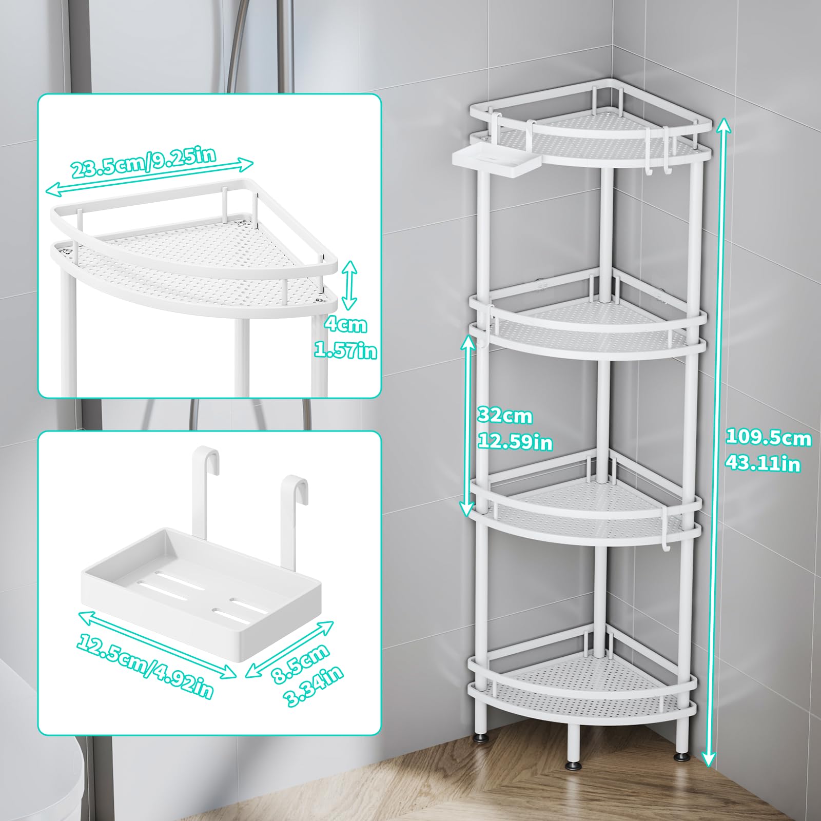 HapiRm Freestanding Shower Caddy Corner - 3 Tier Adjustable Feet Shelves