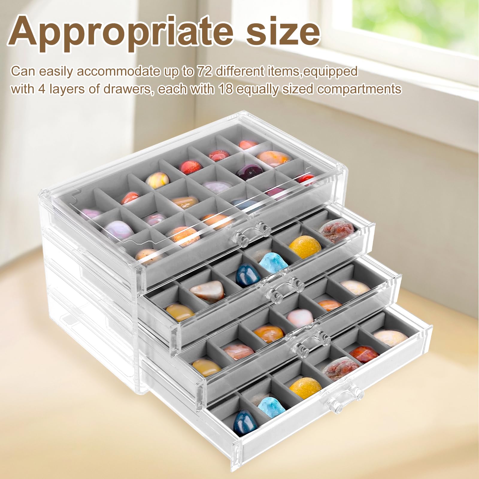 Rock Display Case ,4 Drawers Rock Collection Box 72 Grids Rock Collection Display Case Clear Crystals Display Case Gemstone Display Case Rock Case