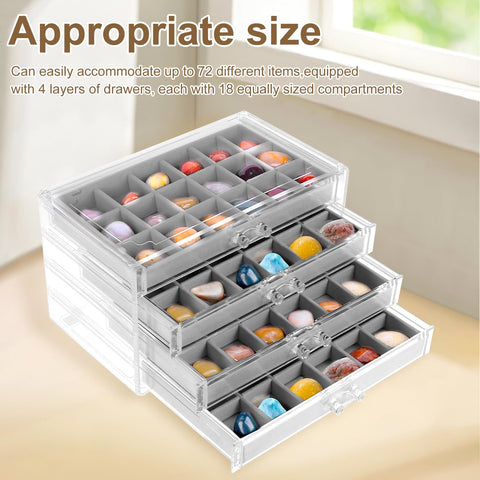 Rock Display Case ,4 Drawers Rock Collection Box 72 Grids Rock Collection Display Case Clear Crystals Display Case Gemstone Display Case Rock Case