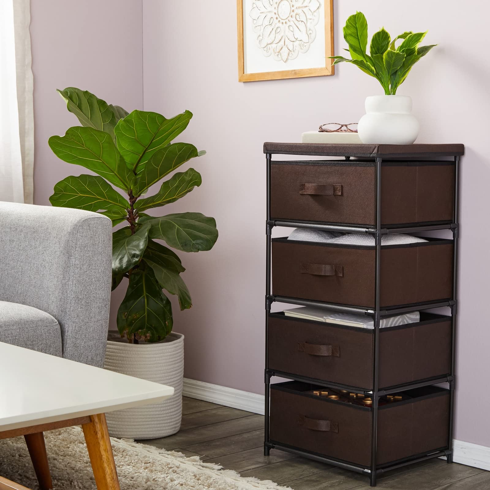 Juvale 4 Drawer Dresser for Bedroom, Clothes Organizer Fabric Storage Tower for Clothing, Linens, Closet (Dark Brown, 16.5 x 33 in)