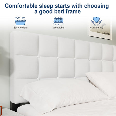 Yocreat King Bed Frame, Easy Assembly, Sturdy Wooden Slat Support, Upholstered Platform with Headboard, No Box Spring Needed, White King Bed 150×200
