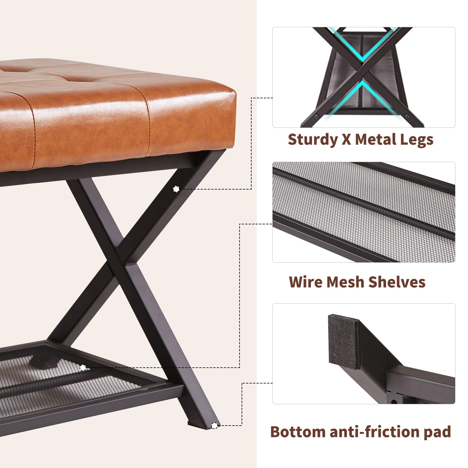 Aibiju Shoe bench with Seat, 44.5” End of Bed Storage Bench with Wire Mesh Shelves, PU Leather Tufted Upholstered Storage Ottoman Bench for Bedroom