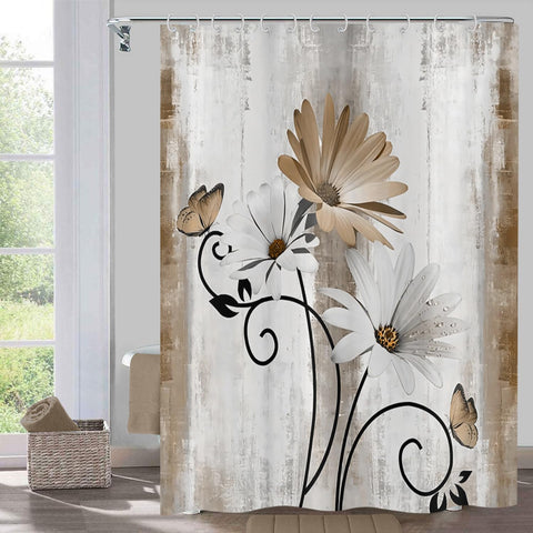 Hnmdmyi Farmhouse Floral Shower Curtain 180x200, Rustic Brown Daisy Flowers and Butterfly on Country Wooden Board Bathroom Curtains Waterproof