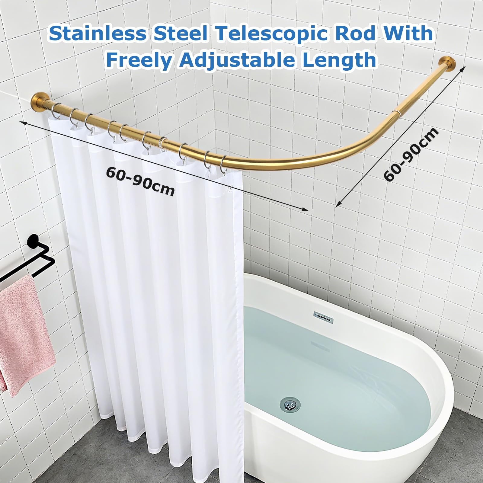 Minicoco Shower Curtain Rail for Bathtubs, L-Shaped Shower Curtain Pole in three varations 68x98cm / 68x98 cm, Wall Mounted Shower Pole