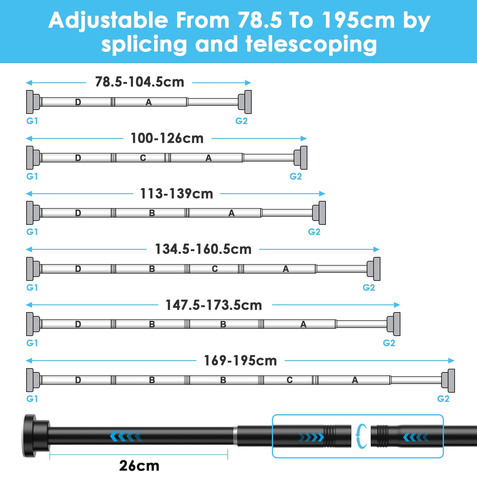 2PCS WEIXINHAI Shower Curtain Pole,Extendable Curtain Poles 79-195 Cm,Shower Poles Extendable No Drill,Shower Curtain Rail Non-Slip,Black Shower Pole