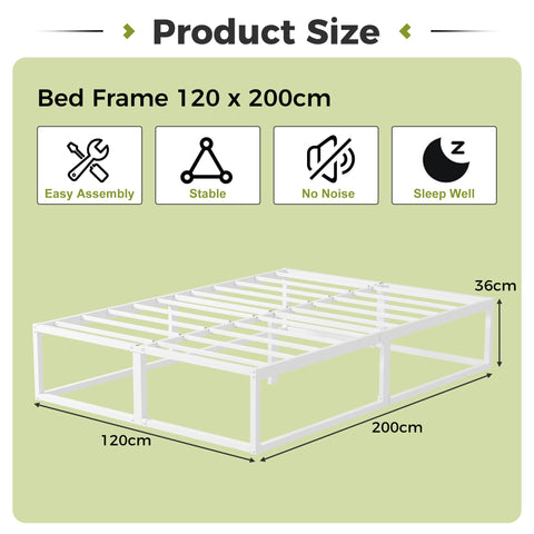 EMODA Metal Bed Frame 120 x 200cm with Steel Slats Support, White
