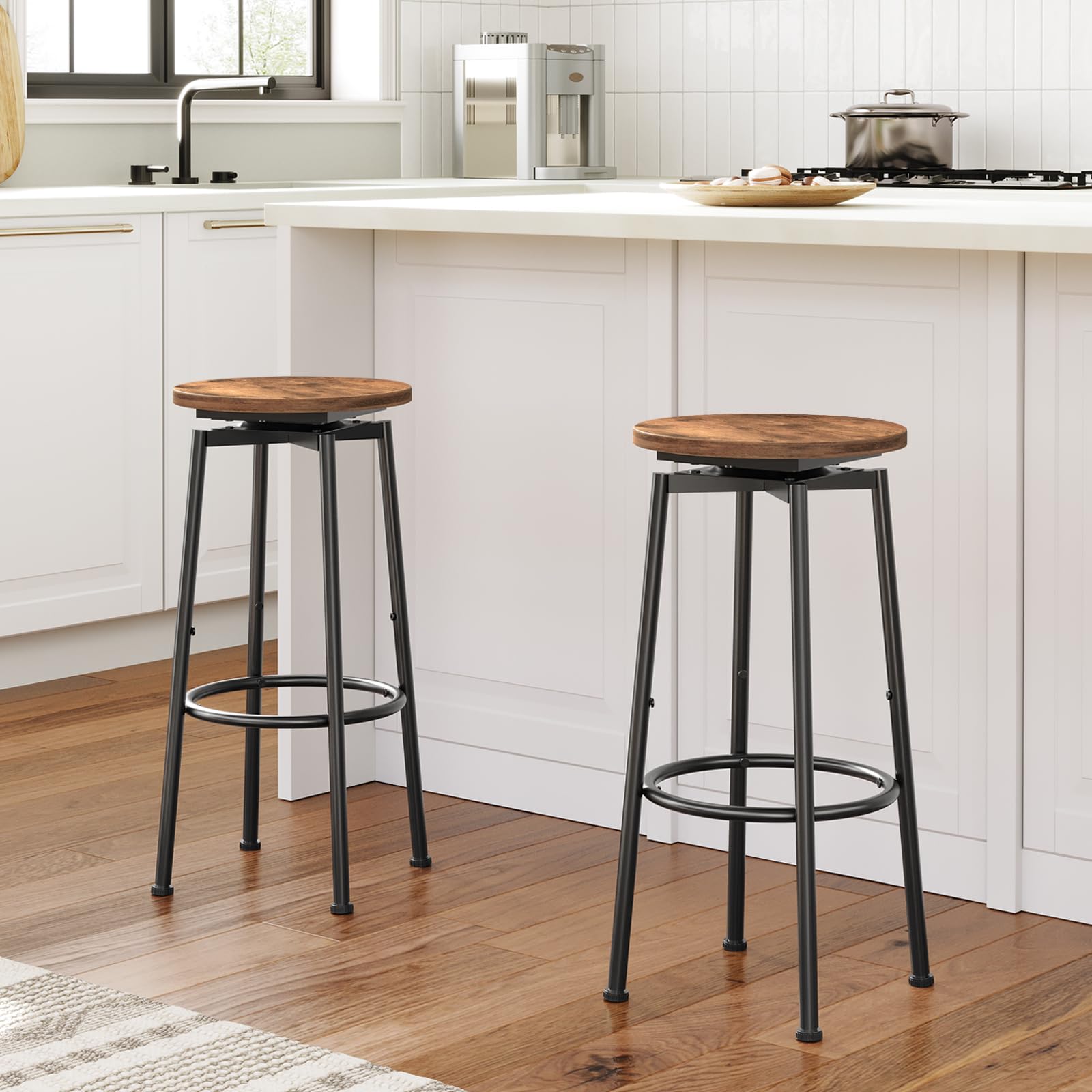 HOOBRO 360 Swivel Bar Stools Set of 2, Round Kitchen Breakfast Stools, Bar Chairs with Footrest, for Kitchen Islands, Cafe, Counter