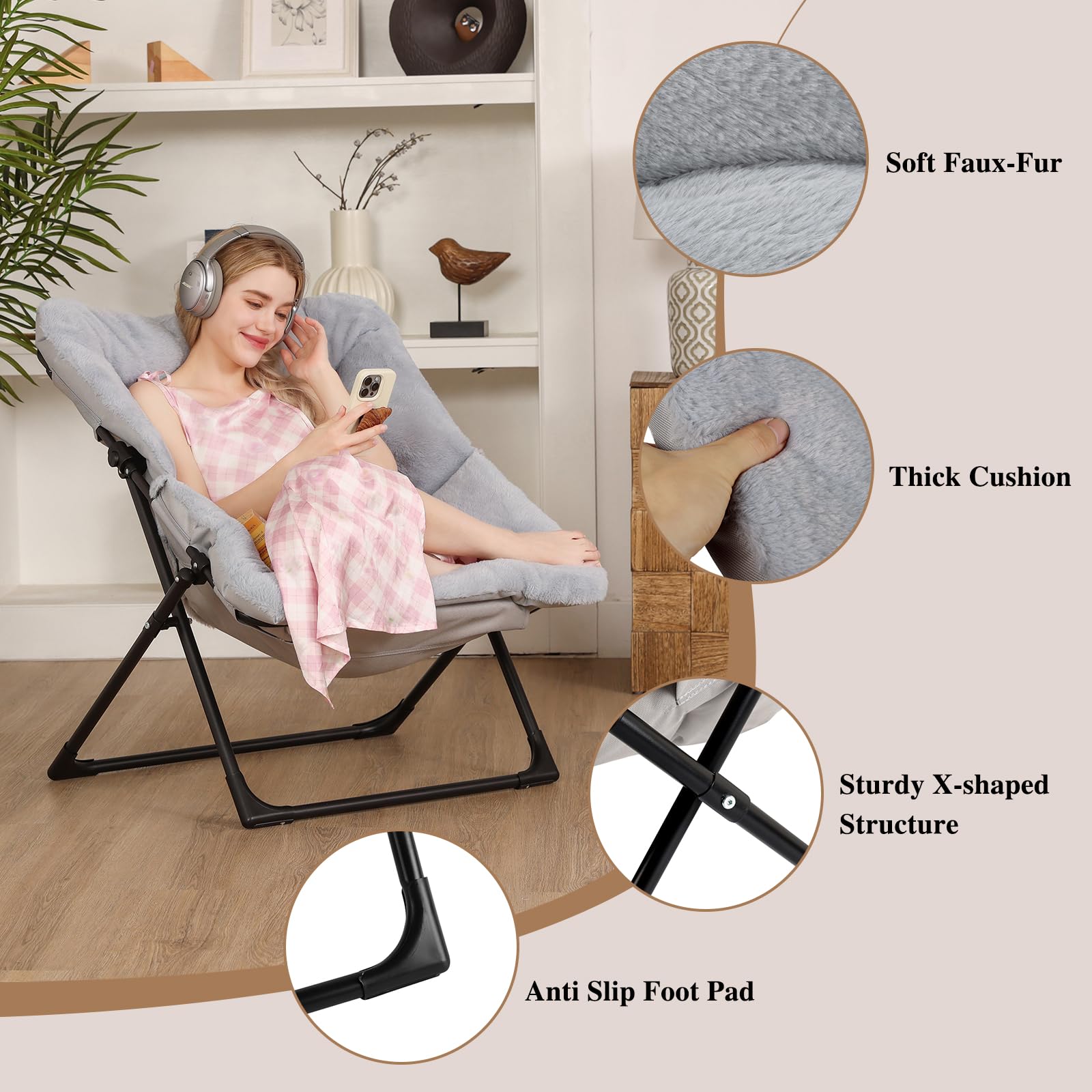 Mordchil EU Comfy Saucer Chair for Adults, Set of 2, Soft Faux Fur Bedroom Chair, Accent Dorm Chairs, Flexible Living Room Reading Chairs