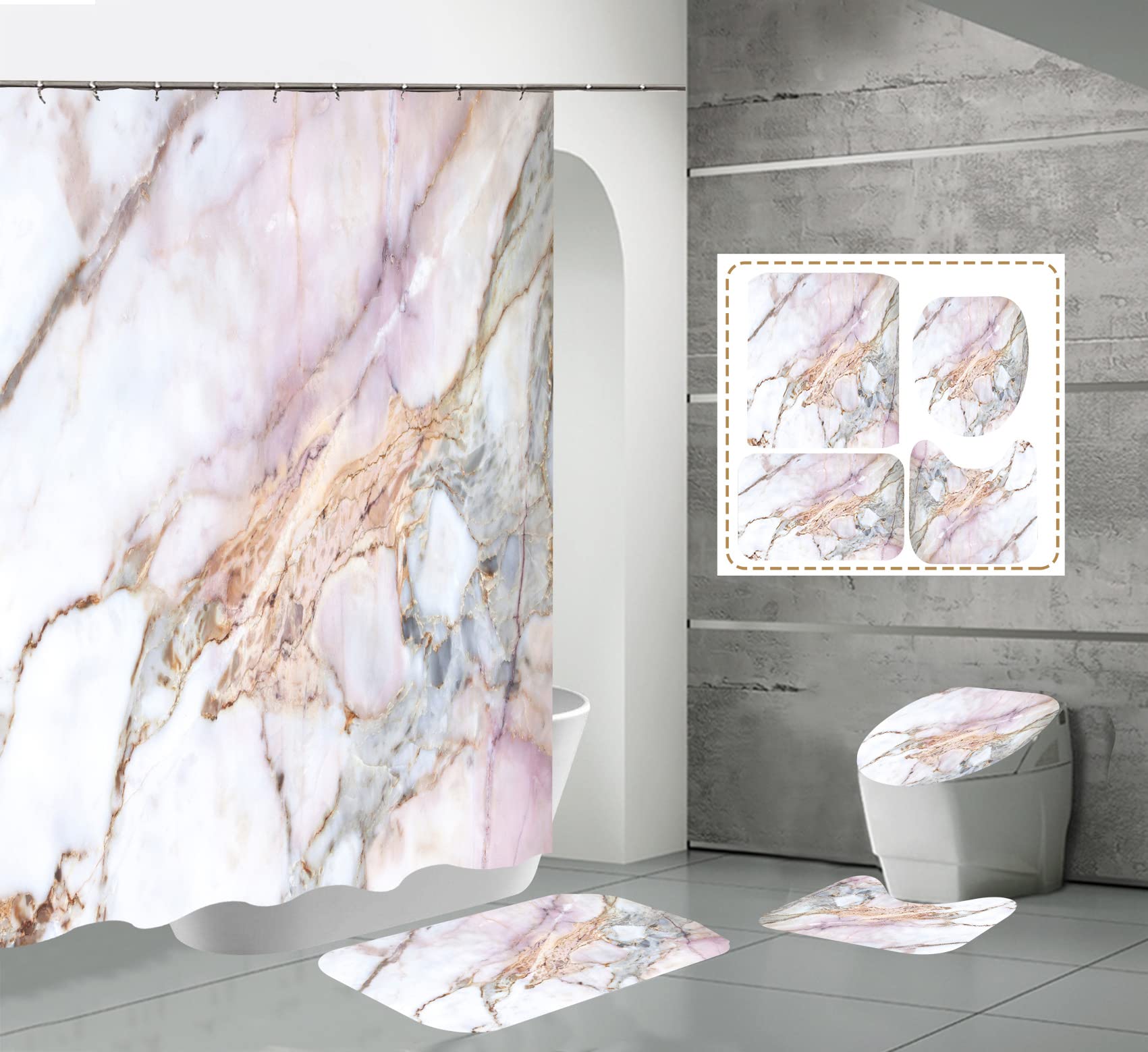 YULUOSHA 4 Pcs Marble Texture Shower Curtain Set with Non-Slip Rugs, Toilet Lid Cover and Bath Mat Natural Marble Abstract Shower Curtain Bathroom