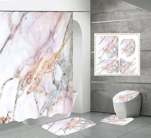 YULUOSHA 4 Pcs Marble Texture Shower Curtain Set with Non-Slip Rugs, Toilet Lid Cover and Bath Mat Natural Marble Abstract Shower Curtain Bathroom