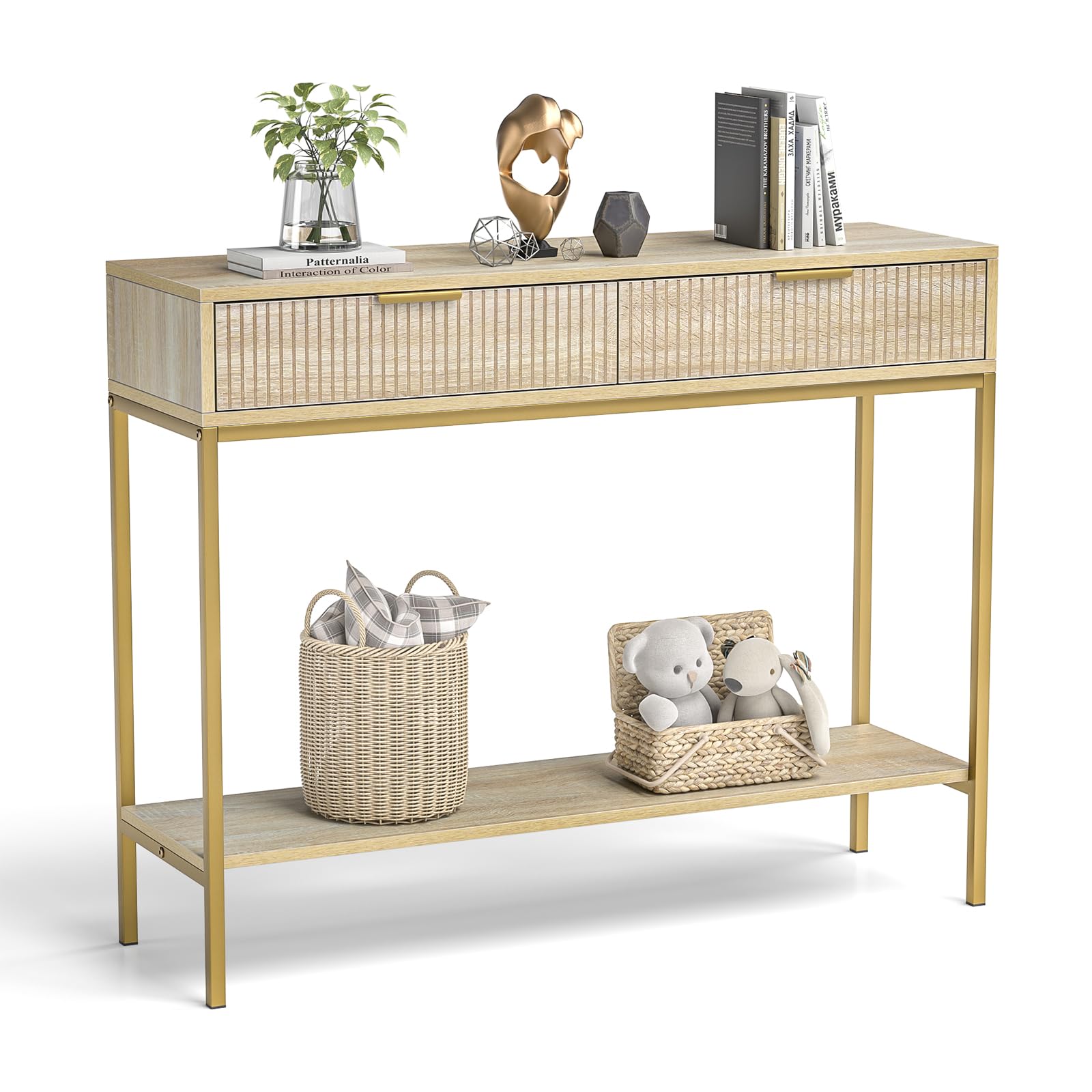 Skokliz Console Table with Storage, Wood Entryway Table with 2 Drawers, Narrow Long Sofa Table Hallway Foyer Table with Storage Shelves Behind Couch