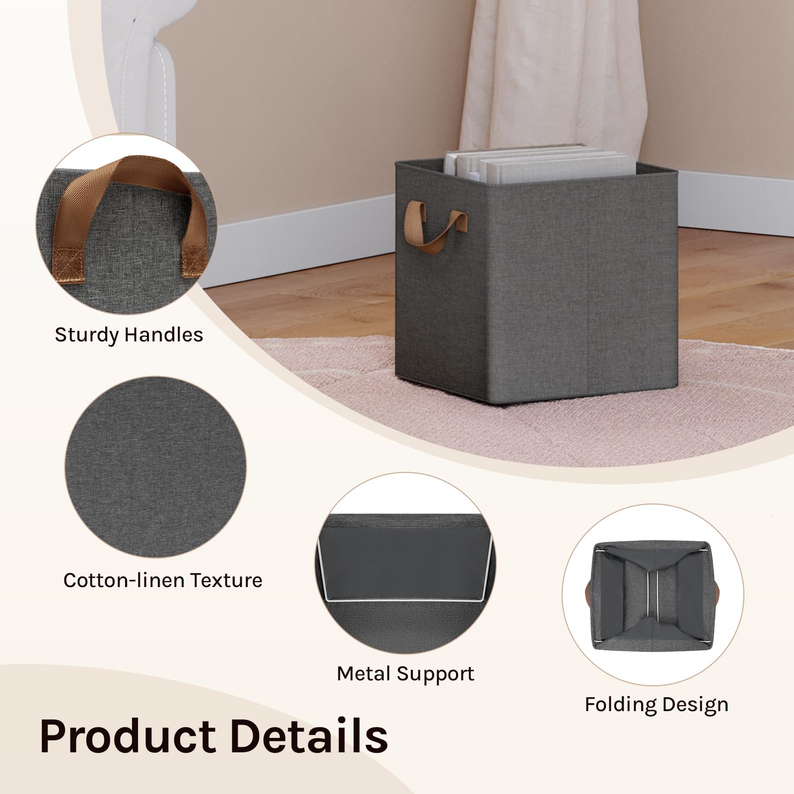 WOLTU Storage Boxes Set of 5, Storage Baskets, Folding Wardrobe Cube Boxes, with Handle and Metal Frame, for Living Room/Bedroom/Study, Linen