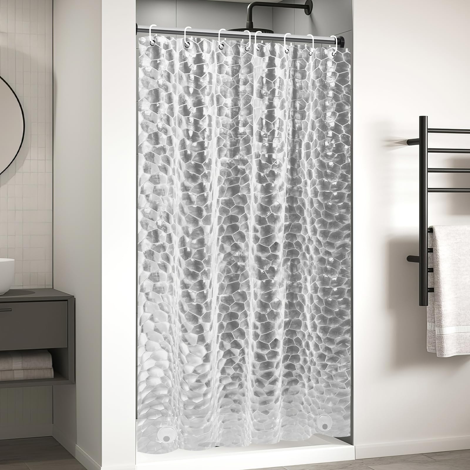 OTraki Clear Shower Curtain, 120 X 200 CM Extra Long Shower Curtain, 3D Design Weighted Bath Curtain, Anti Mould Resistant Shower Curtains
