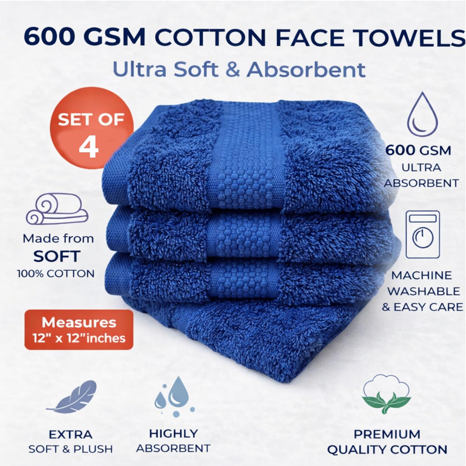 Sue Rossi Face Cloths Pack of 4, Turkish Combed Cotton, 30cm x 30cm, Soft, Absorbent & Quick Dry Wash Cloth Flannels Set Of Bathroom Towels (Navy, 4)