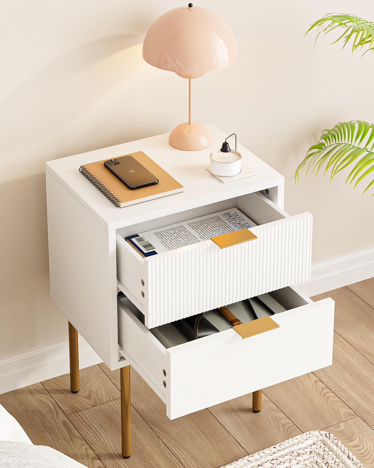 HEYZOEY Bedside Table, Small Bedside Tables with 2 Drawers, Wooden Nightstand with Gold Legs, Mid-Century Modern Bed Side End Table for Bedroom