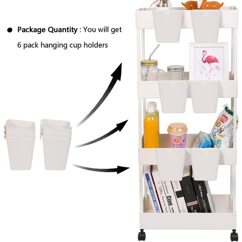 AYVANBER 6 Pack Hanging Cup Holders for Rolling Carts, Trolley Basket Storage,Rolling Cart Accessories, Make Up Pencil Holder, Plant Container (White)