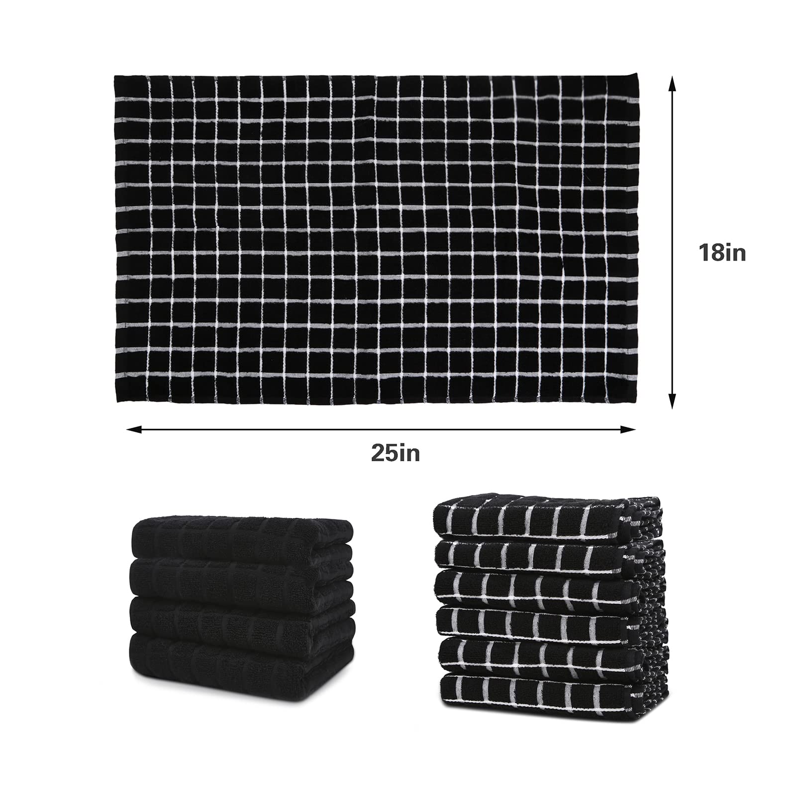 samsto Kitchen Towels Cotton Black - Tea Towels Absorbent - Thick Dish Hand Towels for Kitchen with Hanging Loops, 45x65cm, 4 Pack